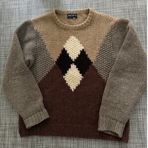 Vintage Unisex 100% Wool Hand Knit Chunky Crew Argyle Sweater M Light Academia